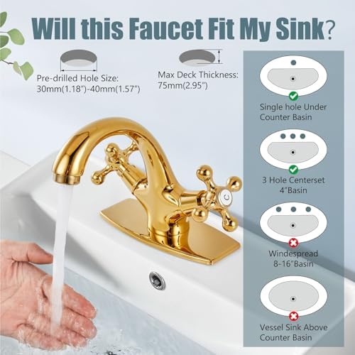 Aolemi Bathroom Sink Faucet 1 Hole or 3 Hole with Drain Polish Gold - Image 3