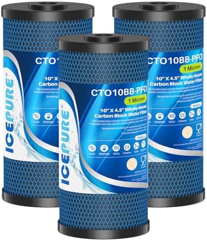 ICEPURE 1 Micron 10" x 4.5" Whole House PFOA/PFOS Carbon Water Filter Cartridge Replacement for Dupont WFHDC8001,EP Series,EPM Series,CB-BB-10, GE FXHTC, GXWH40L, GXWH35F, GNWH38S, CTO10BB, Pack of 3 by ICEPURE