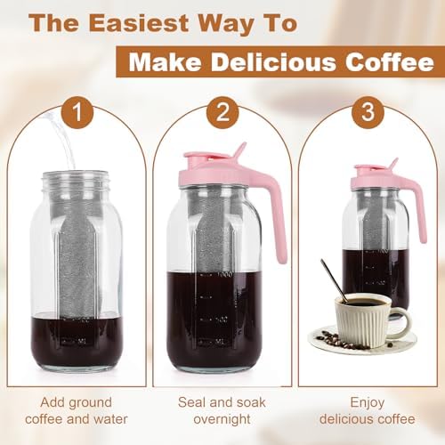 Cold Brew Coffee Maker, 64 oz Mason Jar Pitcher with Stainless Steel Filter, Pour Spout Handle Lid, Heavy Duty Glass Airtight & Leak-Proof for Iced Coffee,Tea & Lemonade - Image 5