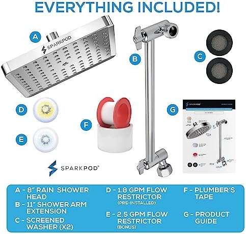 SparkPod Square Rain Shower Head, High Pressure, Extension Arm, 8" Chrome - Image 7