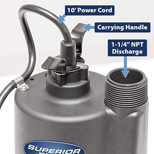 Superior Pump 91330 2400GPH Thermoplastic Submersible Utility Pump with 10-Foot Cord, 1/3 HP - Image 4