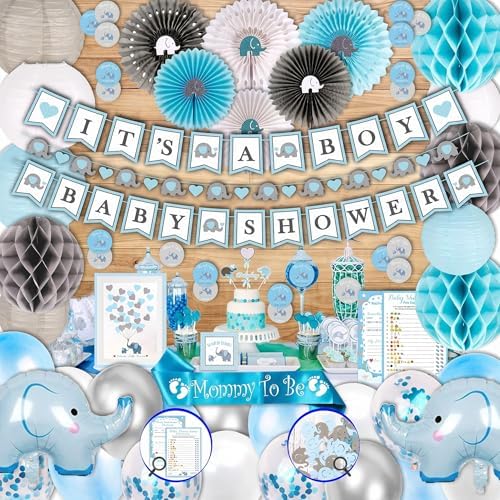 697 Piece Blue Elephant Baby Shower Decorations for Boy Kit - It's a BOY Pre-Strung Banners, Garland Guestbook Mommy to Be Sash Balloons Cake Toppers Fans Lantern Napkins Straws Games & Favor Stickers by RegalDecorations