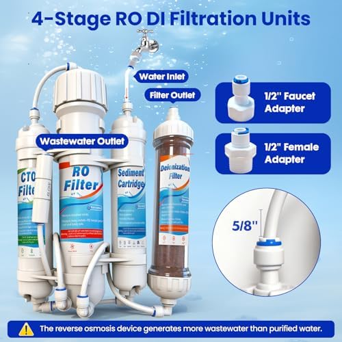 4 Stage Reverse Osmosis/Deionization Water Fliter System, 50 GPD Tankless Reverse Osmosis Water Filtration System for Aquarium with DI Water Filter - Image 6