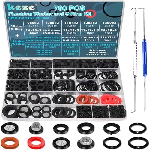 KEZE 780 PCS Rubber Washer Assortment Kit 14 Size Water Hose Washers and 18 Size Nitrile O Ring Washers Set for Outside Faucet Spigot Garden Hose Pressure Washer Plumbing Repair OD 5-33MM by KEZE