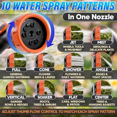Garden Hose Nozzle, 10 Spray Patterns, Thumb Flow Control, Orange - Image 4