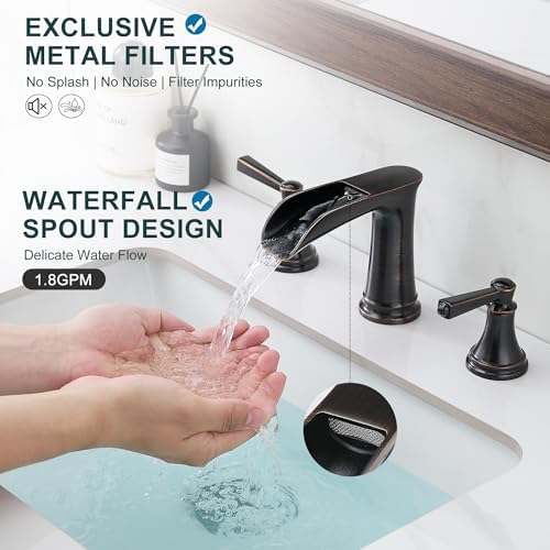 Brass 8 Inch Oil Rubbed Bronze Bathroom Faucet Waterfall Widespread Bathroom Faucets for Sink 3 Hole 2 Handle with Pop up Drain & Pre-Installed cUPC Water Hose for Vanity, 10 Mins Install - Image 2