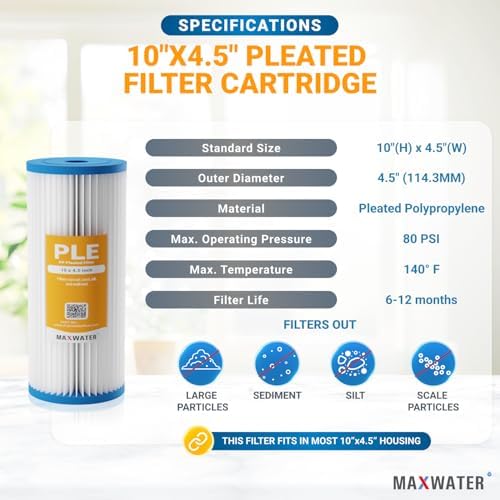 Max Water 5 Micron Pleated Sediment Water Filter 10 x 4.5 Whole House Water Filter Replacement Cartridge For Well Water Compatible with R50-BBSA, FXHSC, CB1-SED10-BB, WFHDC3001, W50PEHD, 4 Pack - Image 2