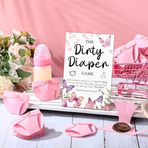 Roowest 51 Pcs Dirty Diaper Baby Shower Games, Pink Butterfly - Image 4
