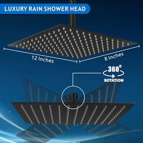 Voolan Rain Shower Head - High Flow Large Rainfall Shower Heads Made of Stainless Steel - Waterfall Bathroom Square Showerhead - Ceiling or Wall Mount (12 * 8 Inch Rectangle, Matte Black) - Image 5