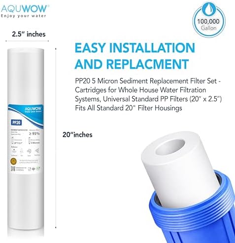 PP20 5 Micron 2.5" x 20" Filter Set – Sediment Replacement Cartridges for Whole House Water Filtration Systems, Universal Standard PP Filters (6, 20 x 2.5) - Image 2