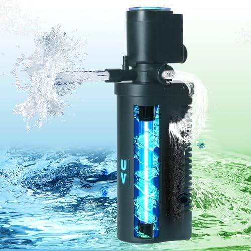 TARARIUM Small Aquarium Filter U-V for 10-45 Gallon Tank, 158GPH Fish Tank Filters for Betta Fish Tank Green Clean Machine, Internal Pump Filter for Turtle Tank Saltwater Freshwater Crystal Clear by TARARIUM