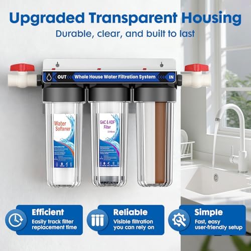 Whole House Water Filter System, 3 Stage Whole Home Water Softener System, Reduces Chlorine, Taste,Iron,Scale,Lead with Heavy Metal and Anti-Scale Filter, Includes 3 Sets Filters (2 Years use), 3/4” - Image 4
