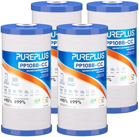 PUREPLUS 5 Micron 10"x4.5" Whole House Sediment & Carbon Water Filter,4PACK by PUREPLUS