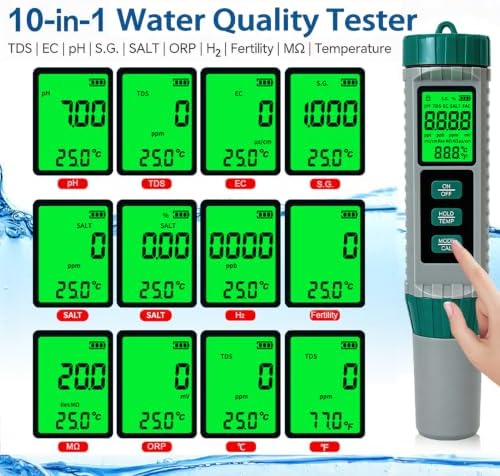 10 in 1 Water Quality Tester, Digital pH TDS EC Salinity ORP S.G Hydrogen Resistivity Fertility Temp Meter with Backlit LCD & Auto Temperature Compensation for Pool, Hydroponics, Drinking Water - Image 2