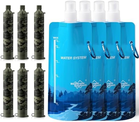 Membrane Solutions Squeezable Water Filtration System, Survival Water Purifier Kit, Portable Backpacking Gear Including Water Filter Straw and 23oz Collapsible Bottle for Hiking Camping Travel(6+4) by MembraneSolutions