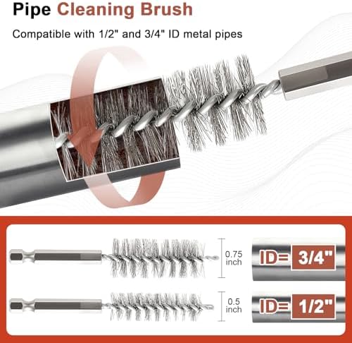 1/2" & 3/4" Copper Pipe Cleaner Set for Drill, with 1/4" Hex Shank & 6 Brush Blades & 2 Pipe Cleaning Brush, Plumbing Tools for Removing Rust, Stains & Paint from Copper & Metal Pipes, Orange - Image 6