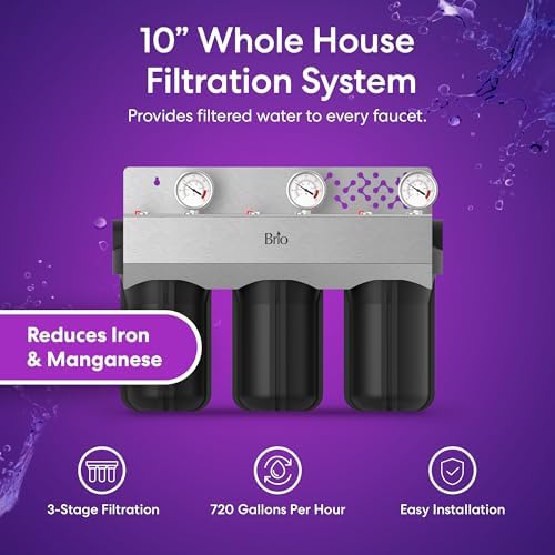 Brio Whole House Water Filter System w/Gauges | 3 Stage Fast-Flow Filtration (Sediment, CTO Carbon Block, Iron & Maganese) 4.5" x 10" Filters | Improves Taste, Protects Home Appliances | 720 GPH - Image 2