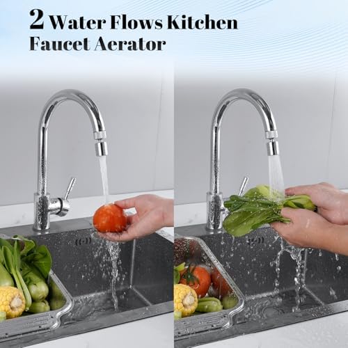 Hibbent Dual-function Solid Faucet Aerator, Big Angle Rotate Metal Kitchen Sink Aerator 360 Degree Swivel Sink Sprayer Attachment-55/64 Inch Female Thread-Chrome - Image 2