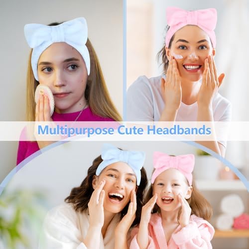 Ondder Spa Headbands for Women, Bow Makeup Skincare Headbands for Washing Face, Pink and Blue, Soft Coral Fleece, 8 Pack - Image 5