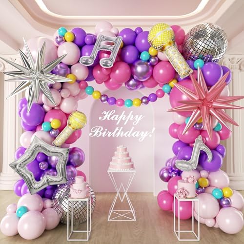171Pcs Songster Birthday Decoration - Pink and Purple Balloon Arch Kit Hollow Star, Microphone, Disco Mylar Balloon Garland Kit for Music Fans Popular Singer Birthday Princess Party Decorations - Image 5