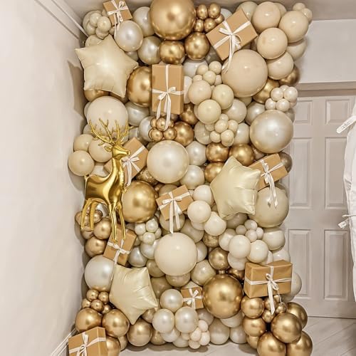 121PCS Christmas Balloon Garland Arch Kit, Pearl Sand White and Gold Balloons with Star Reindeer Mylar Foil Balloon for Holiday Xmas Party Wedding Anniversary Prom New Years Eve Decorations - Image 3