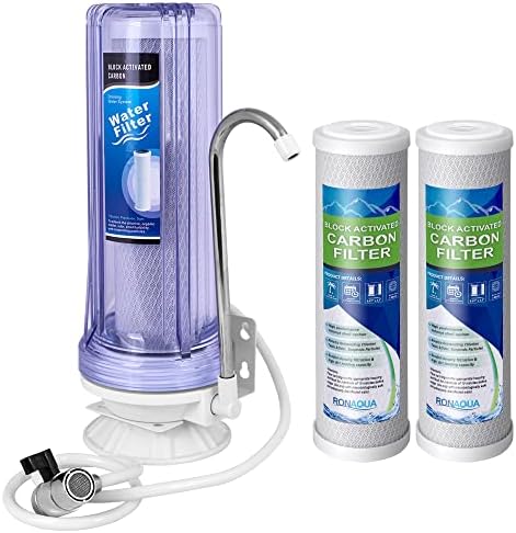 One Stage Countertop Drinking Water Filtration System Removes Chlorine, Transparent Housing and Yearly Supply (2 Extra) Block Activated Carbon Cartridges 5 Micron, Meets NSF Standards & Regulations by Ronaqua