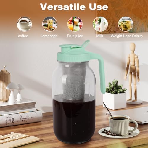 Cold Brew Coffee Maker, 64 oz Mason Jar Pitcher with Stainless Steel Filter, Pour Spout Handle Lid, Heavy Duty Glass Airtight & Leak-Proof for Iced Coffee,Tea & Lemonade - Image 6