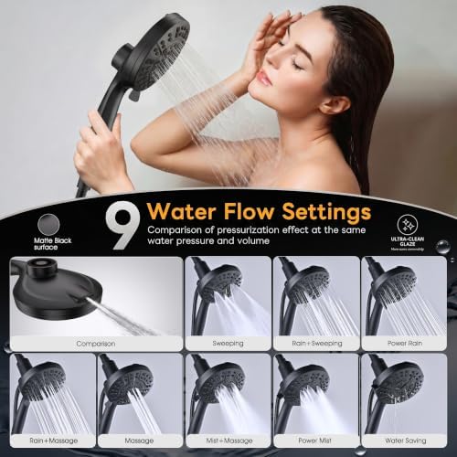 High Pressure Handheld Shower Head Matte Black- Anti-clog Nozzles, Built-in Power Wash to Clean Tub, Wall & Overhead Brackets,Magnetitc Rainfall Showerhead hand held - Image 4