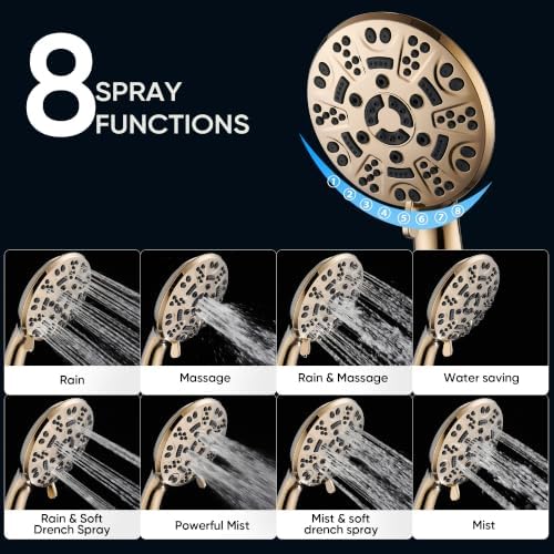 Cobbe 8-Setting Handheld Shower Head, Water-Saving Design, Gold - Image 2
