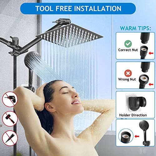 Shower Head Combo, 8 Inch High Pressure Rain with 11 Inch Adjustable Extension Arm and 5 Settings Handheld, Powerful Spray Against Low Water Pressure- Matte Black - Image 6
