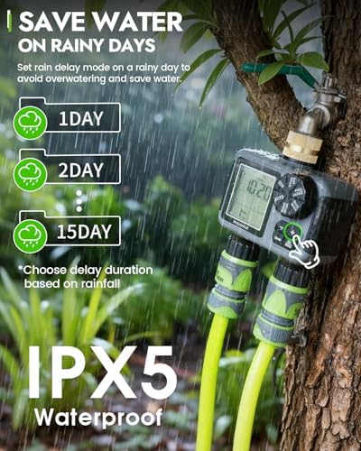 Insoma 2-Zone Sprinkler Timer with Brass Inlet, Water Hose Timer with Auto/Manual Modes + Rain Delay, Big LCD Display, for Garden, Yard Lawn, IPX5 Waterproof & Save Water - Image 5