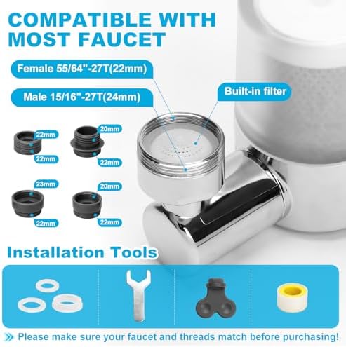 Water Filter for Faucet, Universal 720° Rotating Water Purifier with Adapter Kit for Kitchen & Bathroom Sink, 2 Spray Modes, Reduces Chlorine & Impurities - Check Size for Fit! - Image 5
