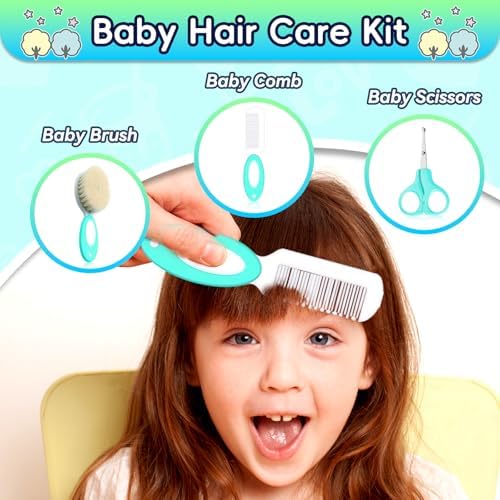 Baby Healthcare and Grooming Kit, Baby Safety Set Newborn Nursery Health Care Set with Hair Brush Scale Measuring Spoon Nail Clippers (12pcs, Green) (Green) - Image 3