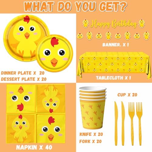 Chicken Farm Tableware Decoration, 142pcs Yellow Chick Theme Birthday Plates and Napkins Supplies - Image 6