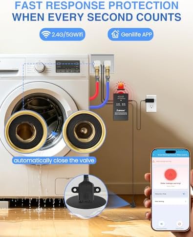WiFi Washing Machine Water Leak Detector Kit with App Alerts & Sound Light Alarm, Dual Power Supply, High-Precision Sensor, Automatic Hot & Cold Shut-Off Valves (3/4" 90°) - Image 2