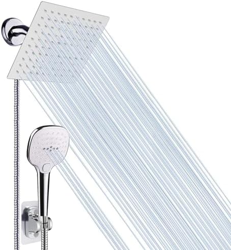 NearMoon Shower Head with Hose, High Pressure Stainless Steel Rain Shower and 3 Settings Handheld Spray Combo with Push Button Flow Control (8 Inch, Chrome Finish) by NearMoon