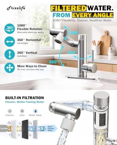Frizzlife MF1080-S Bathroom Sink Faucet and Kitchen Sink Faucet, Built-in Carbon Block Filter, NSF/ANSI 372 Certified, 1080° Rotatable, Single Hole Single Handle, Stream/Spray, 304 Stainless Steel - Image 2