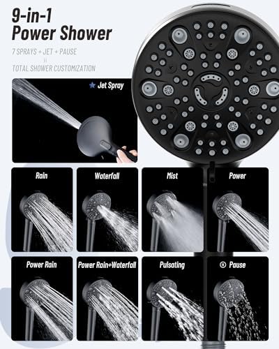 Filtered Handheld Shower Head for Hard Water, High Pressure Showerhead with 7 Spray Modes, Power Jet & Pause, Detachable & Adjustable for Healthier Skin & Hair - Matte Black (VMASSTONE HM-003) - Image 3