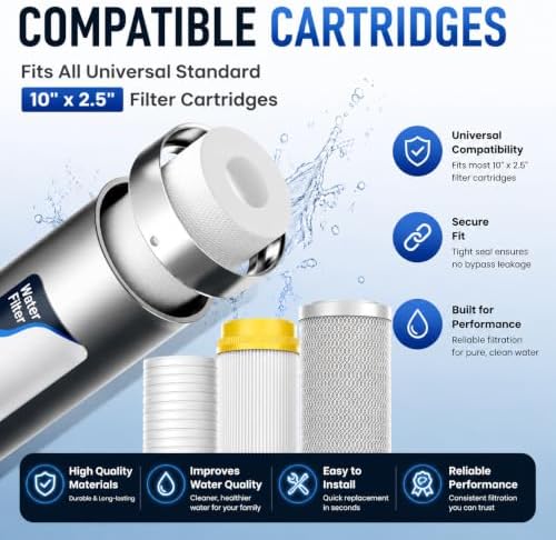 Whole House Water Filter Housing, 304 Stainless Steel, Fits Standard 10" x 2.5" Sediment Filters, 3/4" Brass Port Pre-Filter System for Well & City Water, Includes Wrench and 1 PP Sediment Filter - Image 4