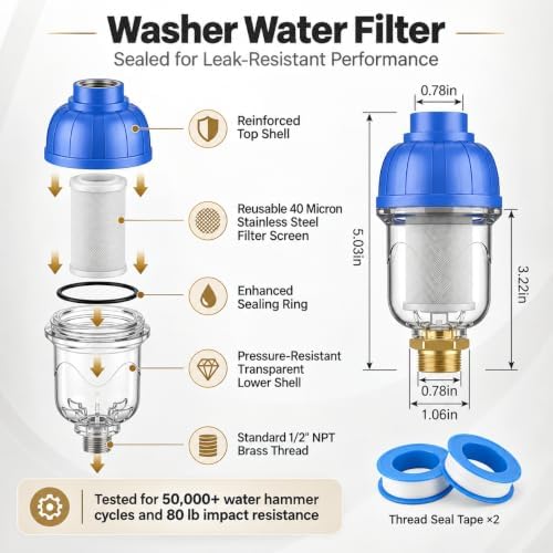 Washing Machine Water Filter 2 Pack, 40 Micron Reusable Sediment Filter - Image 6