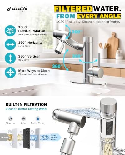 Frizzlife MF1080-S Bathroom Sink Faucet and Kitchen Sink Faucet, Built-in Carbon Block Filter, NSF/ANSI 372 Certified, 1080° Rotatable, Single Hole Single Handle, Stream/Spray, 304 Stainless Steel - Image 2