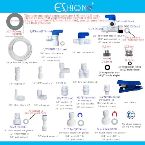 ESHIONG NSF Certified 3/8" O.D. Push to Connect Fittings for RO (Reverse Osmosis) Water Filter 30 pcs+30 feet 3/8" Water tubing. - Image 2