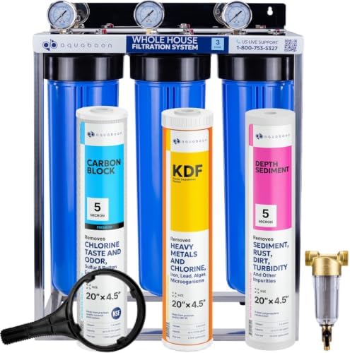 Aquaboon 3-Stage Whole House Water Filter System with 5 Micron 20x4.5 Reducing Sediment and KDF Heavy Metals Water Filter Purification Cartrige, Pressure Gauges, Wrench, Bracket by Aquaboon