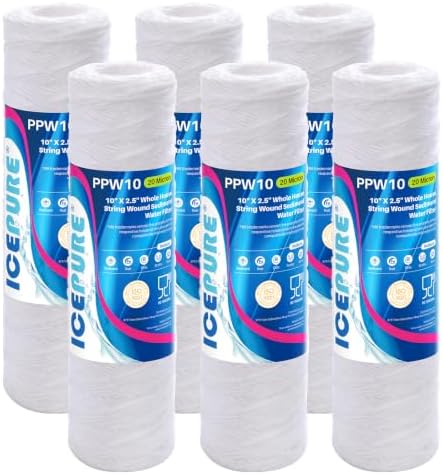 ICEPURE 20 Micron 10" x 2.5" String Wound Sediment Water Filter Cartridge for Well filter Universal Replacement for Any 10 inch RO Unit, WP-5, Aqua-Pure AP110 CFS110 Culligan P5 WFPFC4002 CW-MF, 6PACK by ICEPURE