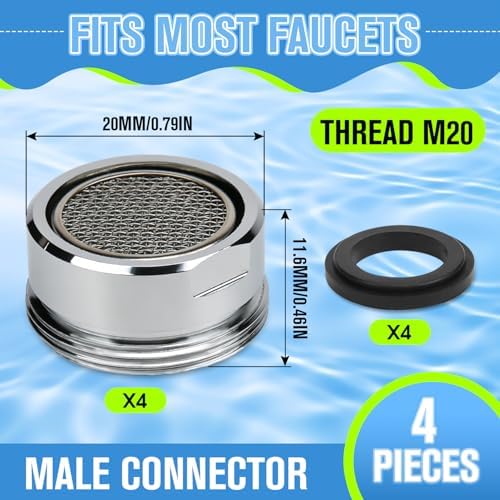 4Pcs Faucet Aerator Replacement, 20mm Stainless Steel Rustproof High Flow Water Saving Sink Aerators M20 Male Thread, Universal Bathroom Kitchen Faucet Parts - Image 2