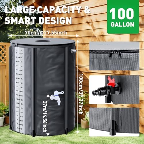 Yesker Collapsible Rain Barrel, 100 Gallon Portable Rainwater Collection System, 550D PVC Water Storage Tank, Rain Catcher with Spigots Filter Overflow Kit, Grey - Image 3