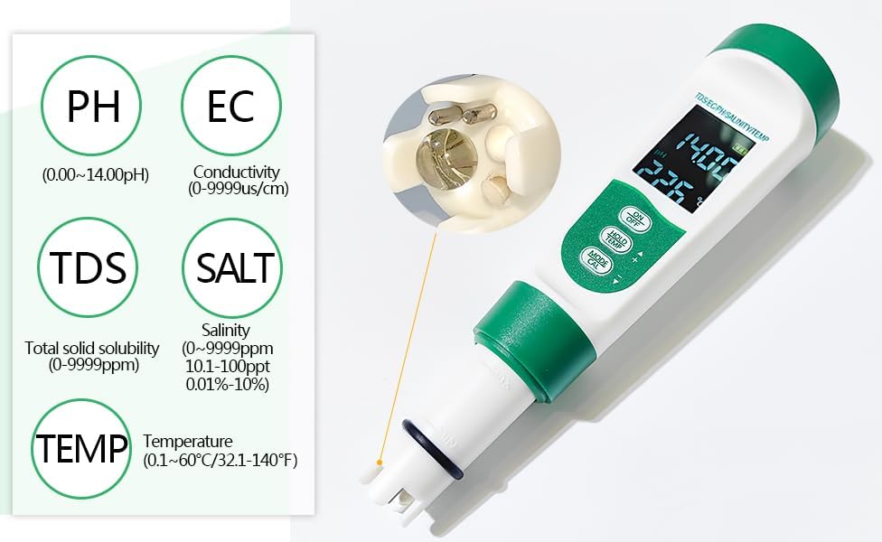 5-in-1 Water Quality Tester: Salinity, pH, TDS, EC & Temperature Meter for Aquarium, Pool, Spa, Pond and Hydroponics - Image 3