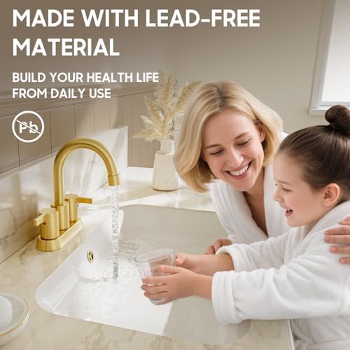 Brushed Gold 4 Inch 2 Handle Centerset Lead-Free Bathroom Faucet, Swivel Spout with Copper Pop Up Drain and 2 Water Supply Lines, BF015-1-BG - Image 3