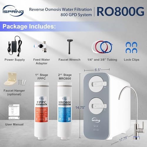 iSpring RO800G Tankless Reverse Osmosis System, 800 GPD Under Sink Water Filter with 2.5:1 Pure to Drain Ratio, TDS & PFAS Reduction, Space Saving Design, Includes Brushed Nickel Faucet - Image 6