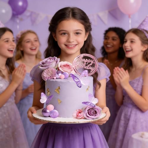 Flower Cake Toppers, Happy Birthday Rose Gold Cake Decorations with Artificial Flowers Butterfly Balls for Wedding Baby Shower Birthday Party Supplies (Purple) - Image 4